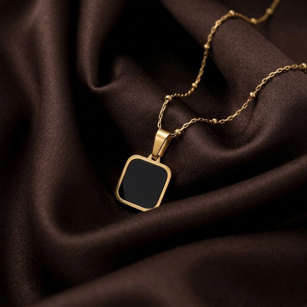 Gold Black Stone Square Onyx Pendant Necklace