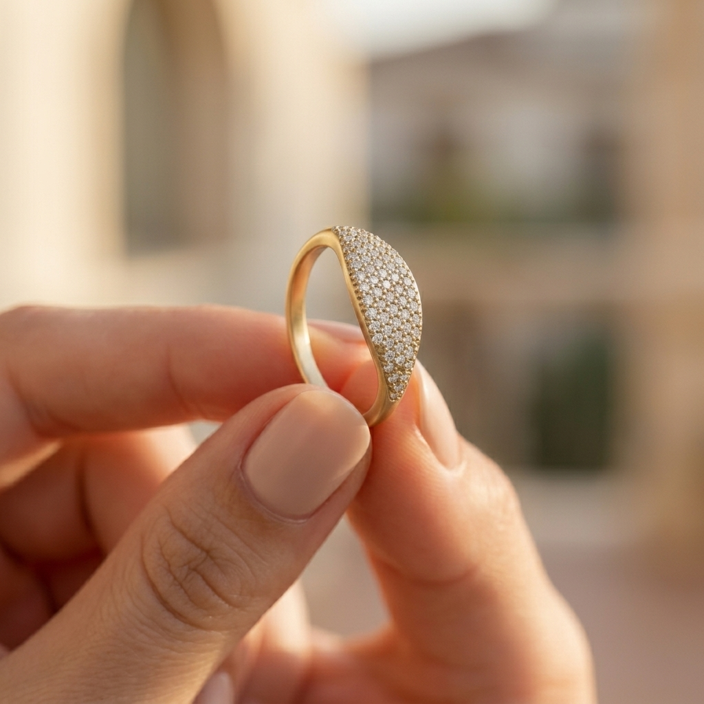 Gold Slim Pave Crystal Oval Signet Ring