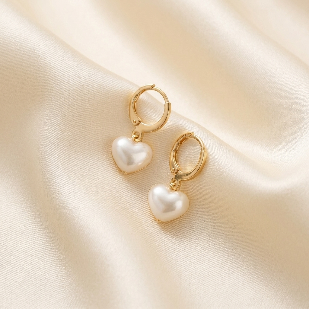 Gold Heart Pearl Drop Huggie Hoop Earrings