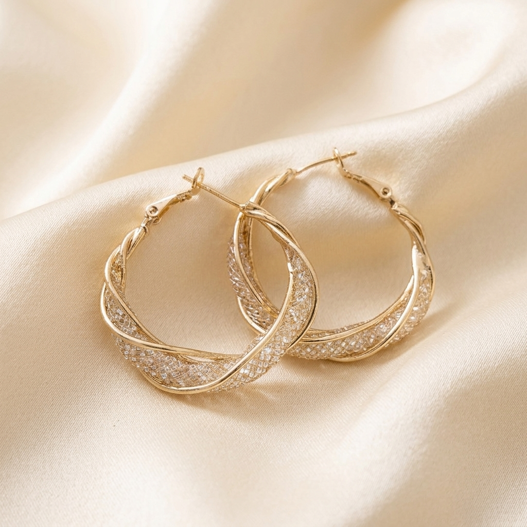 Gold Braided Pave Twisted Hoop Earrings