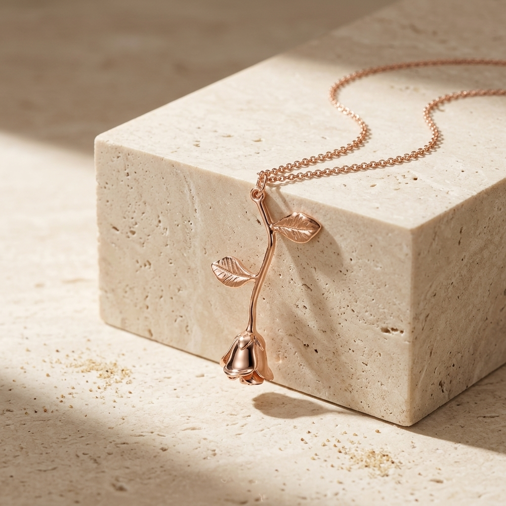 Gold Polished Hanging Rose Flower Necklace