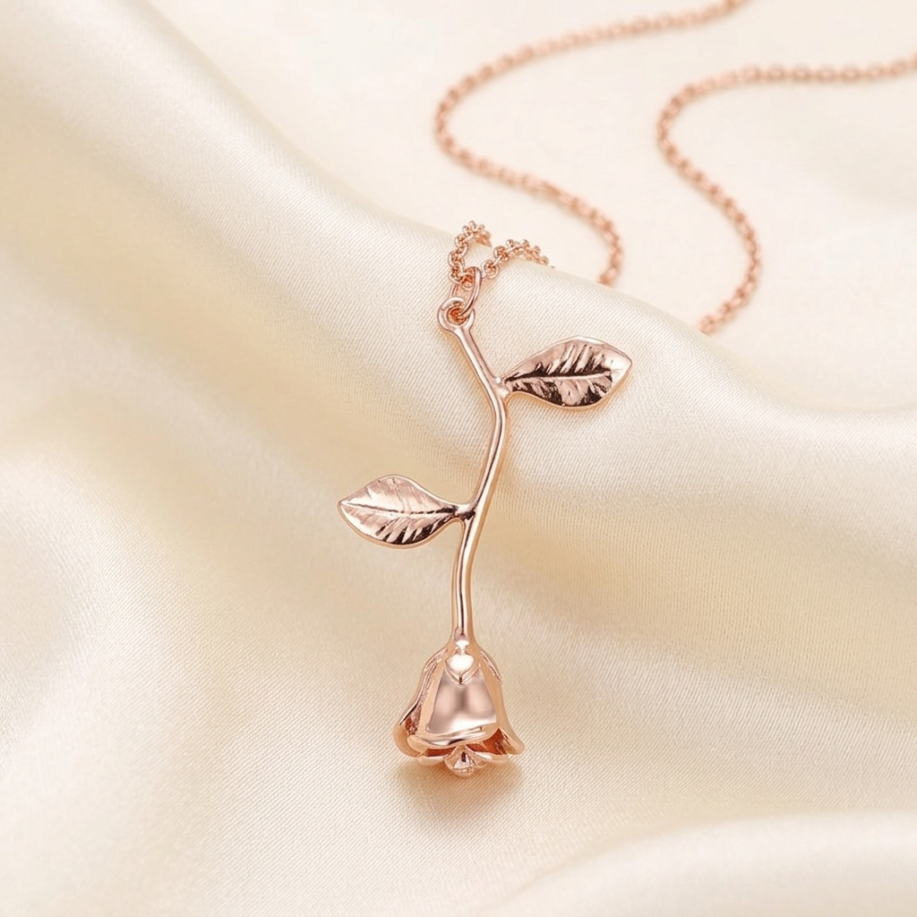 Gold Polished Hanging Rose Flower Necklace