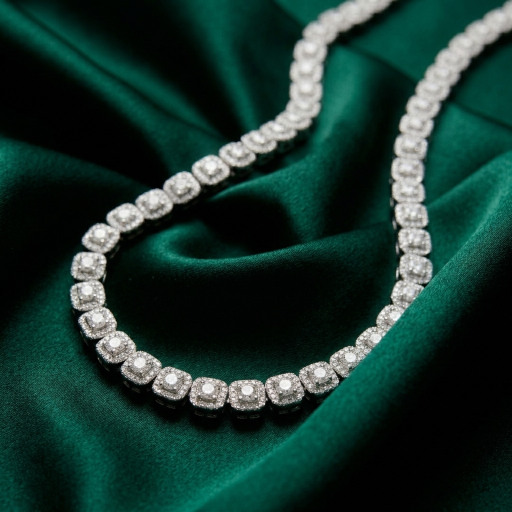 Silver Micro Pave Clustered Crystal Tennis Necklace