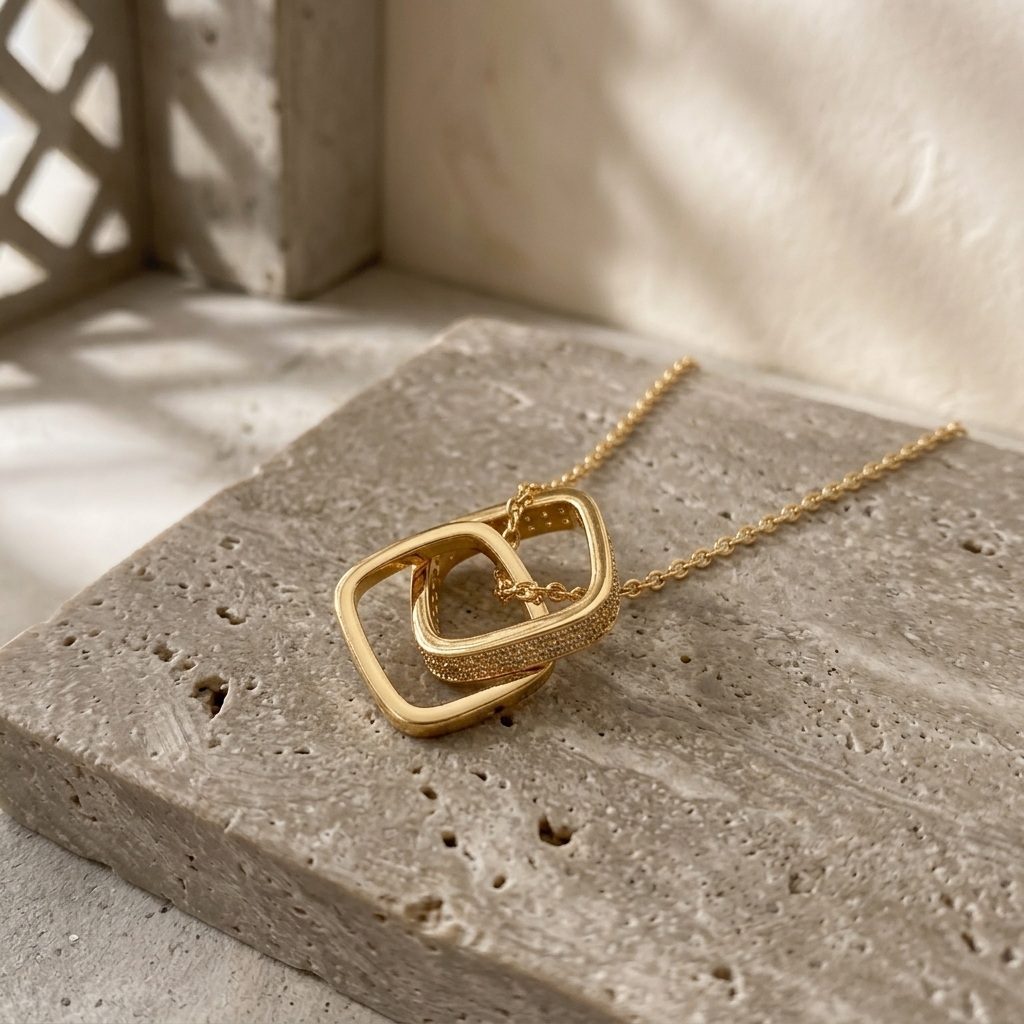 Gold Open Square Double Ring Link Pendant Necklace
