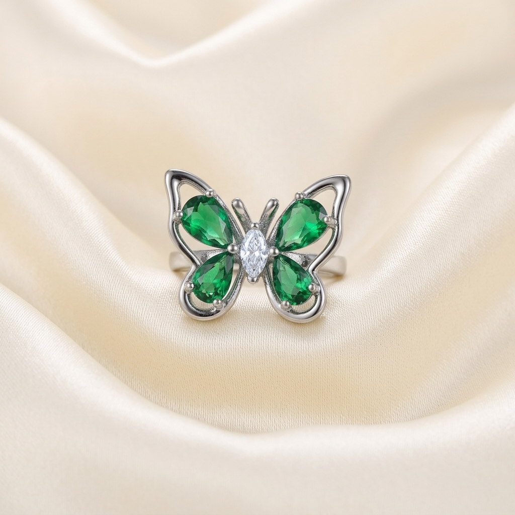 Silver Crystal Butterfly Birthstone Adjustable Statement Ring