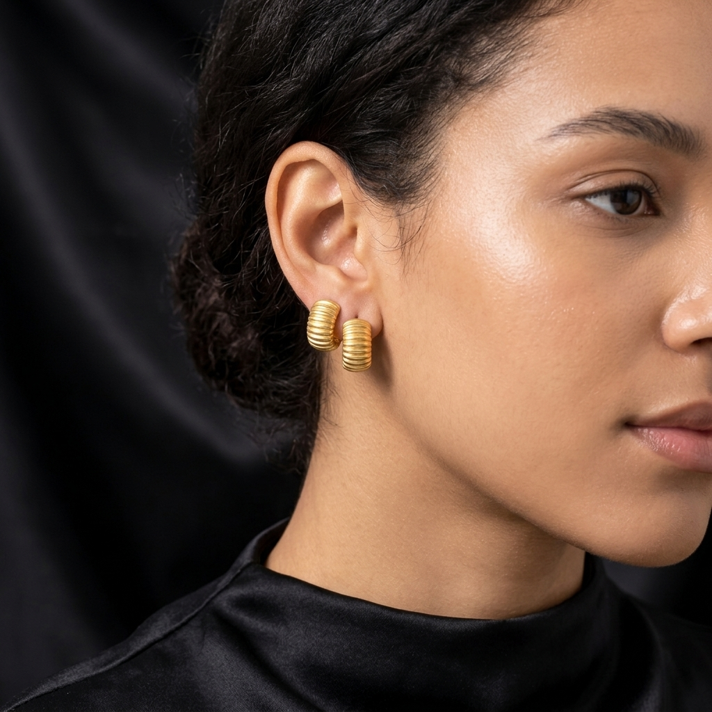 Gold and Silver Ribbed Croissant Hoop Earrings