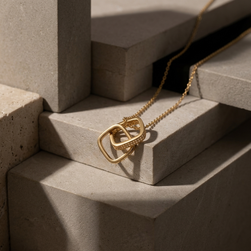 Gold Open Square Double Ring Link Pendant Necklace
