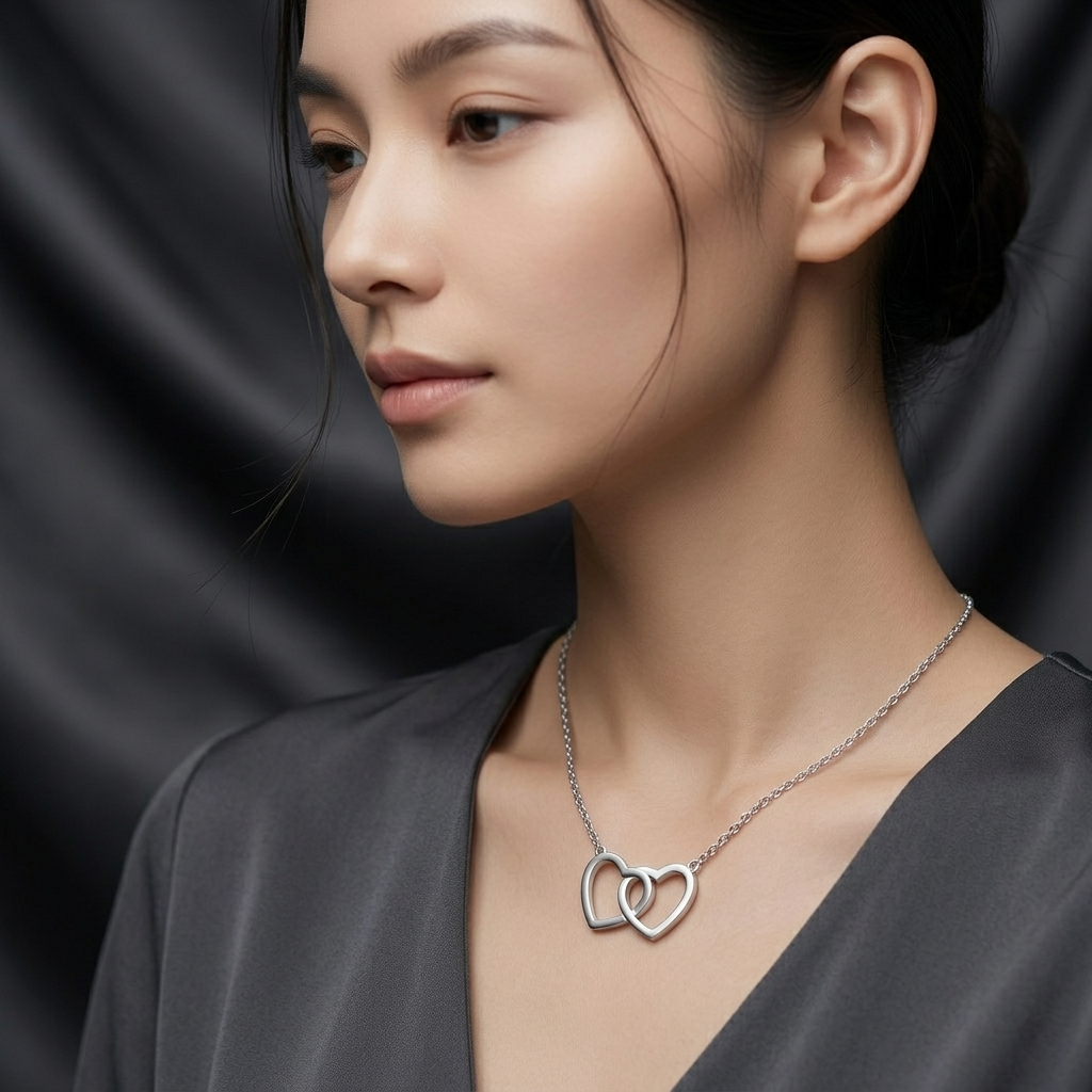 Gold Interlocking Double Heart Charm Pendant Necklace