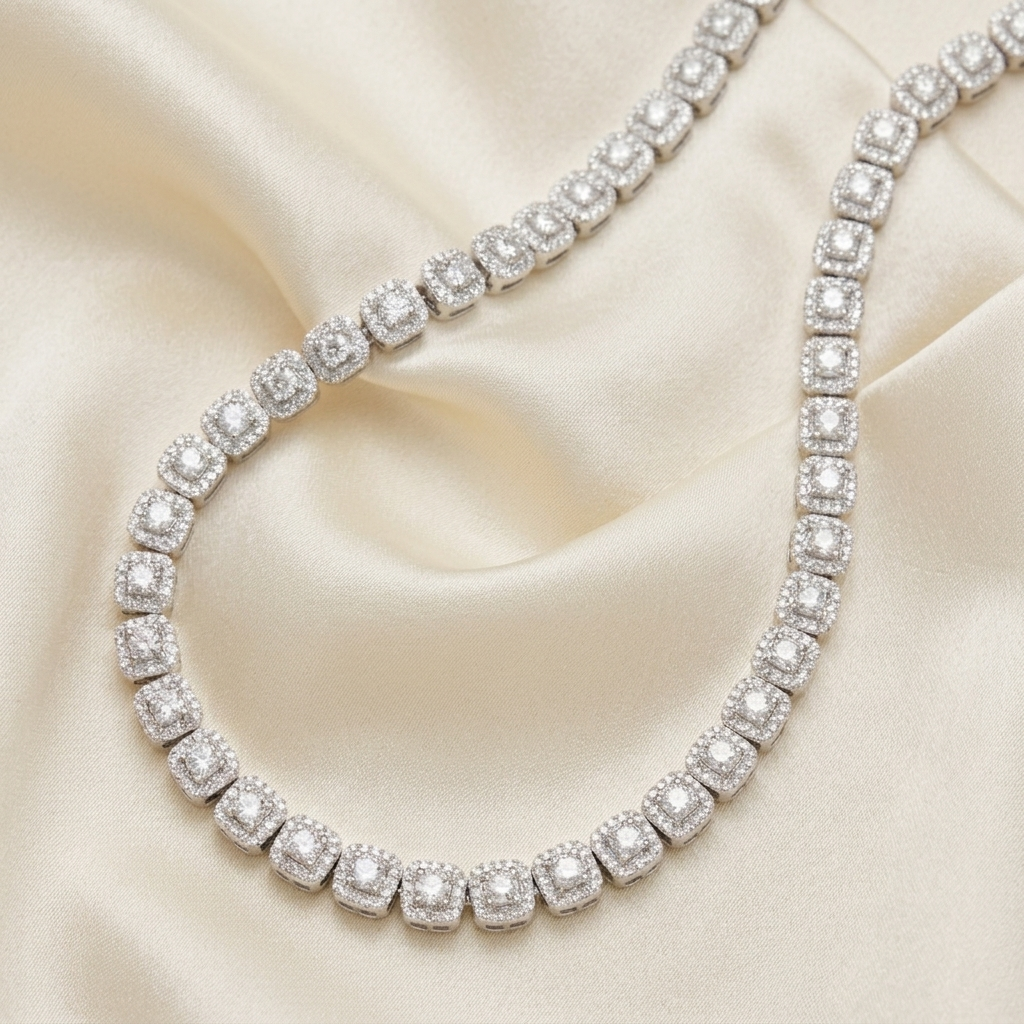 Silver Micro Pave Clustered Crystal Tennis Necklace