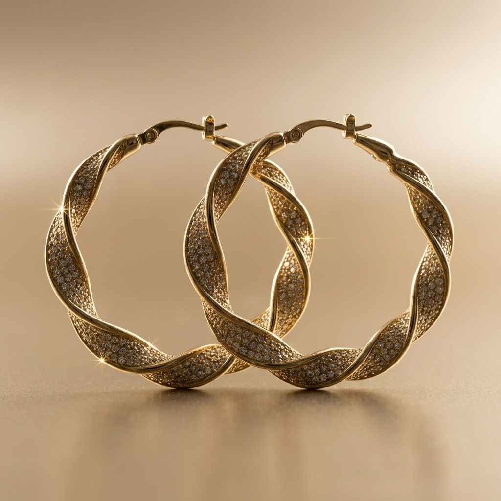 Gold Braided Pave Twisted Hoop Earrings
