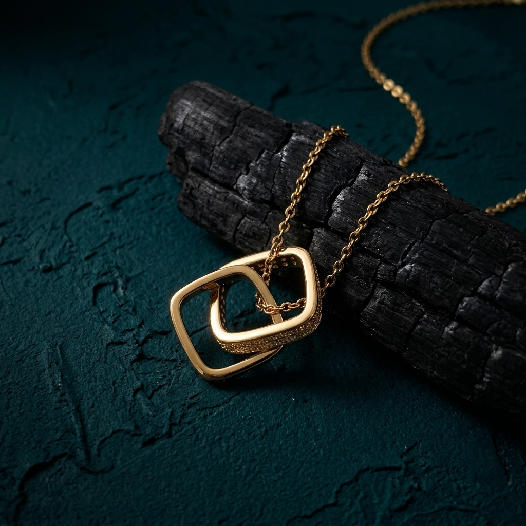 Gold Open Square Double Ring Link Pendant Necklace