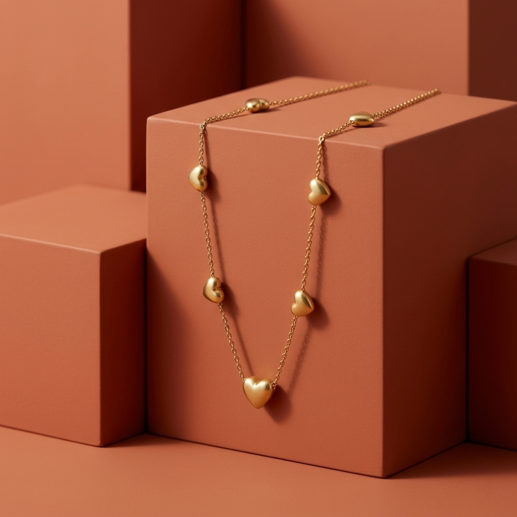 Gold Dainty Heart Station Beaded Layering Necklace