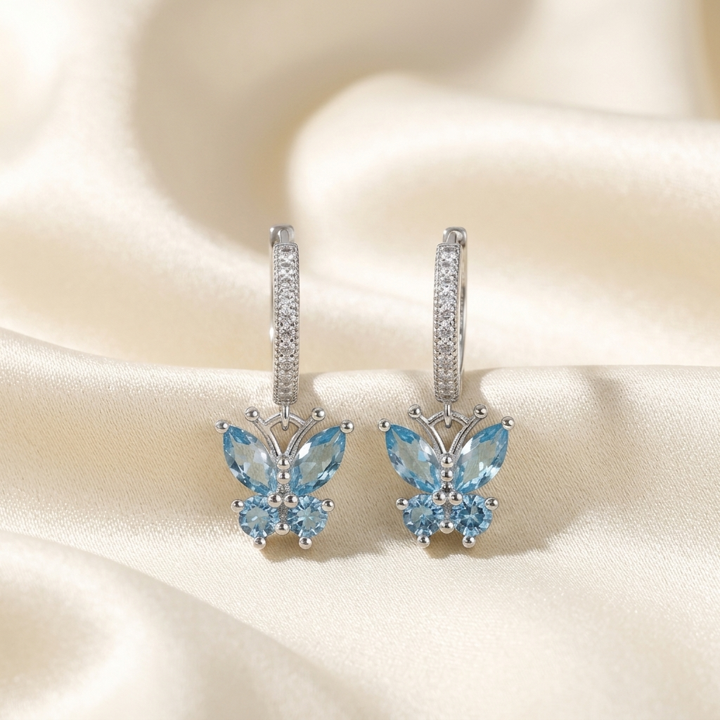 Birthstone Crystal Butterfly Drop Hoop Huggie Earrings