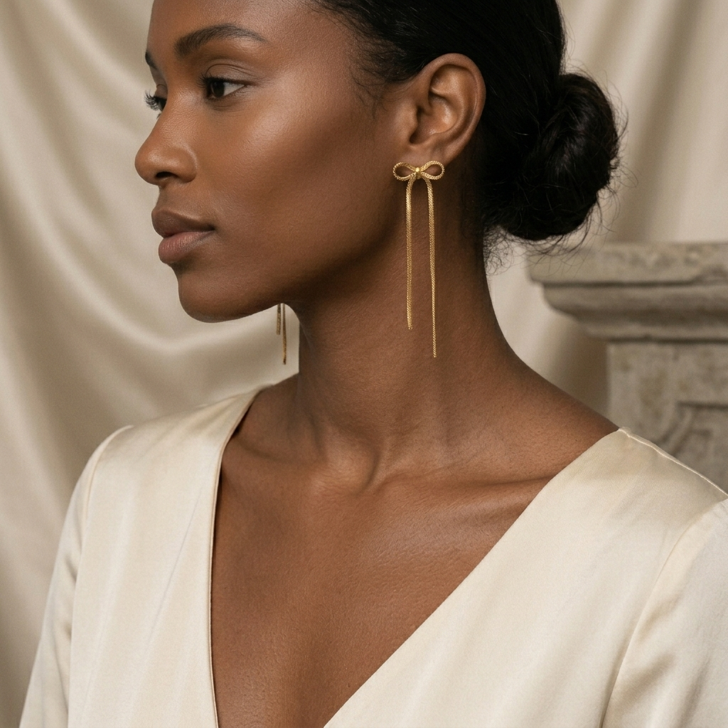 Gold Long Ribbon Bow Tassel Drop Earrings