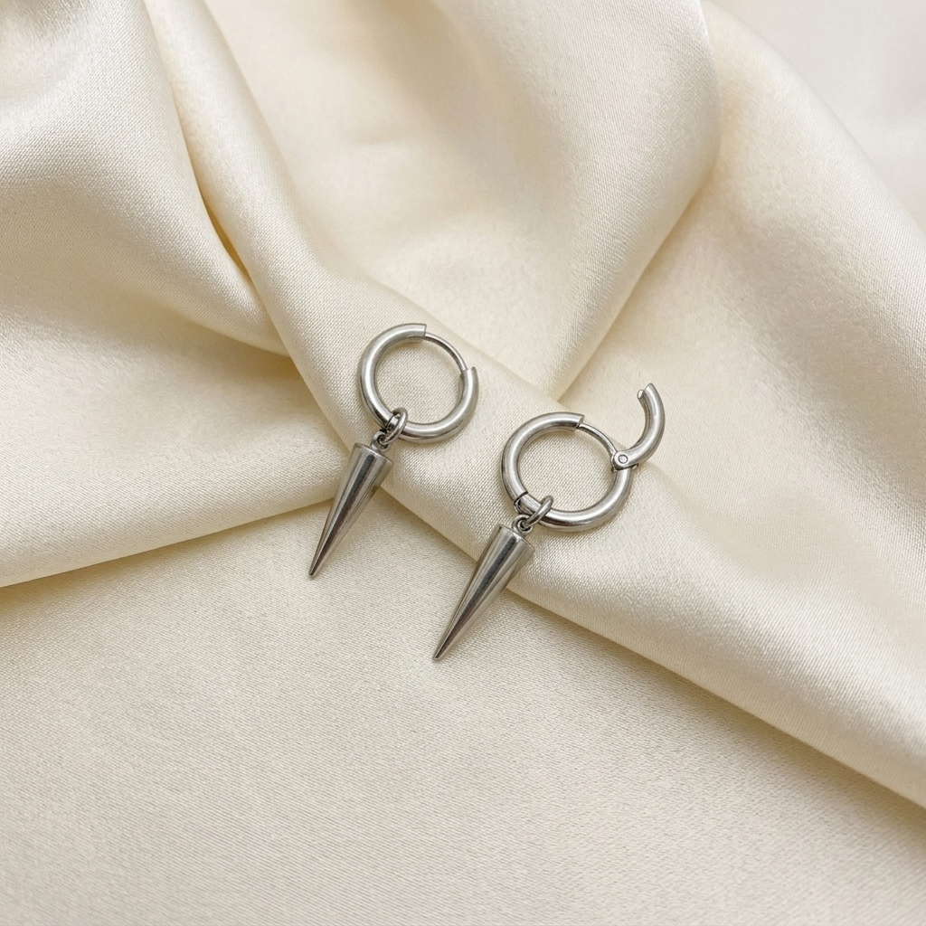 Silver Spike Dangle Huggie Hoop Earrings