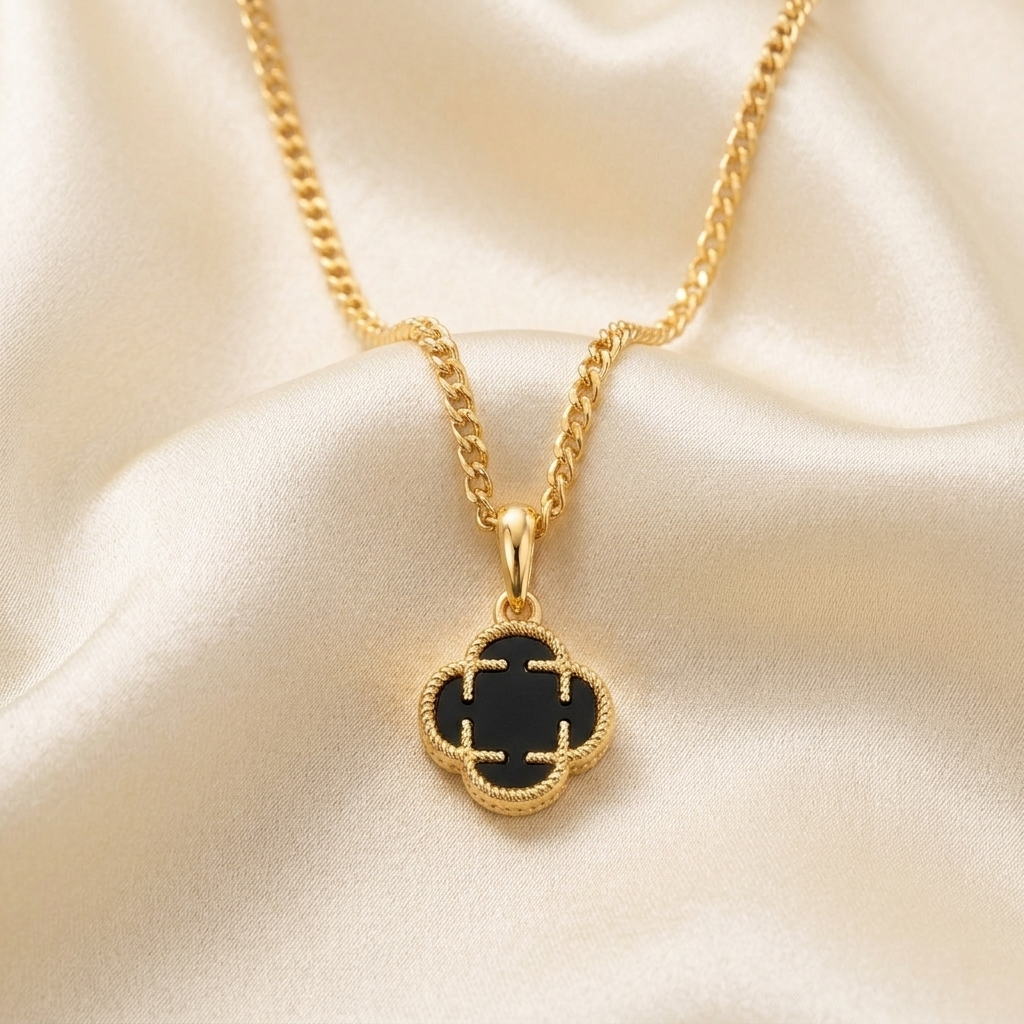 Gold Black Enamel Four Leaf Clover Necklace