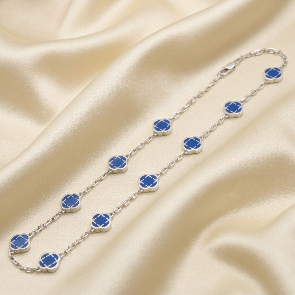 Silver Blue Crystal Clover Leaf Pendant Necklace