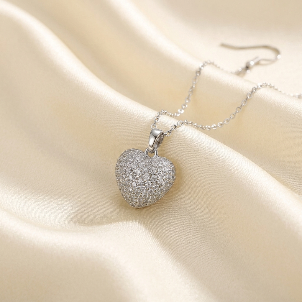 Silver Pave Crystal Open Heart Solitaire Pendant Necklace
