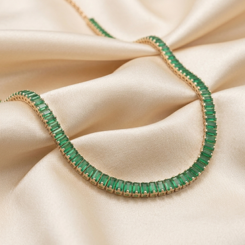 Gold Emerald Green Baguette Crystal Bar Necklace