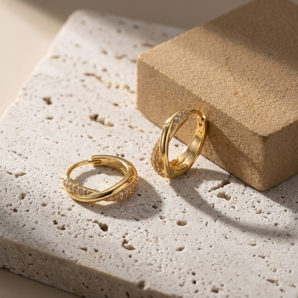 Gold Twisted Pave Crystal Huggie Hoop Earrings