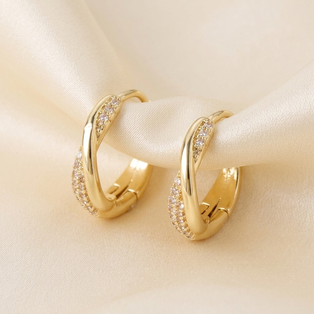 Gold Twisted Pave Crystal Huggie Hoop Earrings