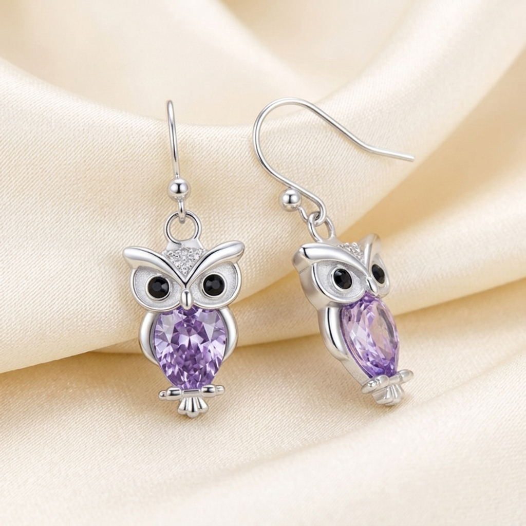 Silver Birthstone Owl Dangle Drop Earrings