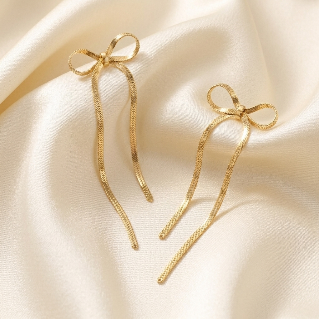Gold Long Ribbon Bow Tassel Drop Earrings