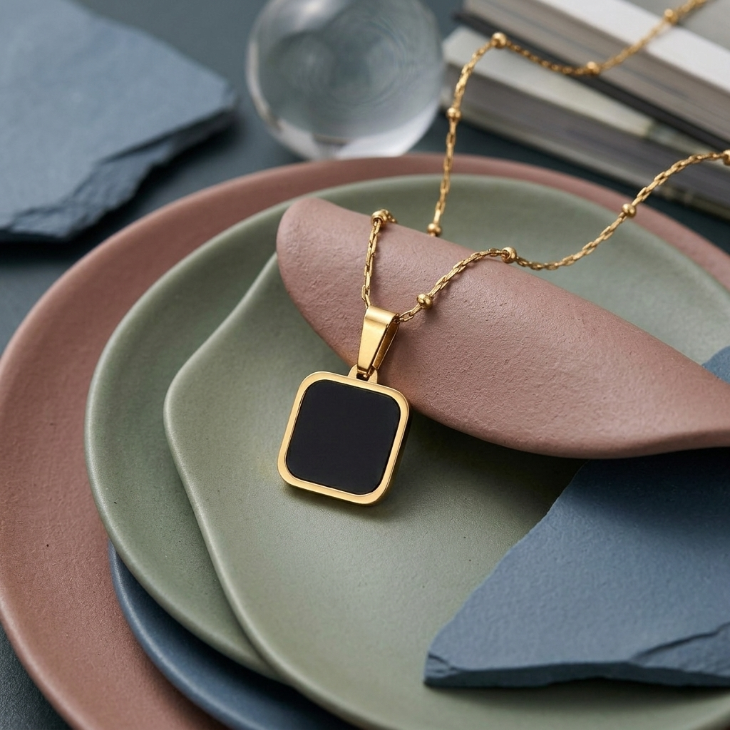 Gold Black Stone Square Onyx Pendant Necklace