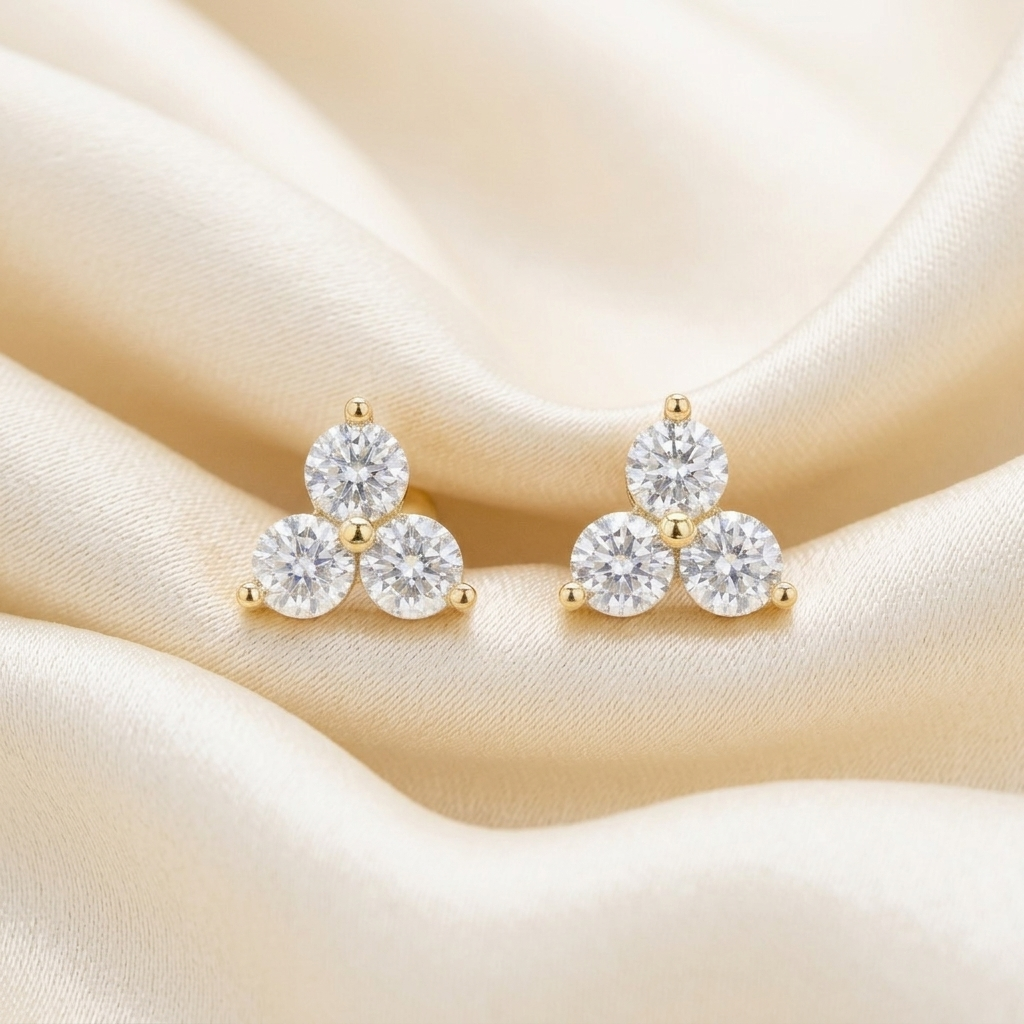 Gold Three Stone Crystal Trinity Stud Earrings