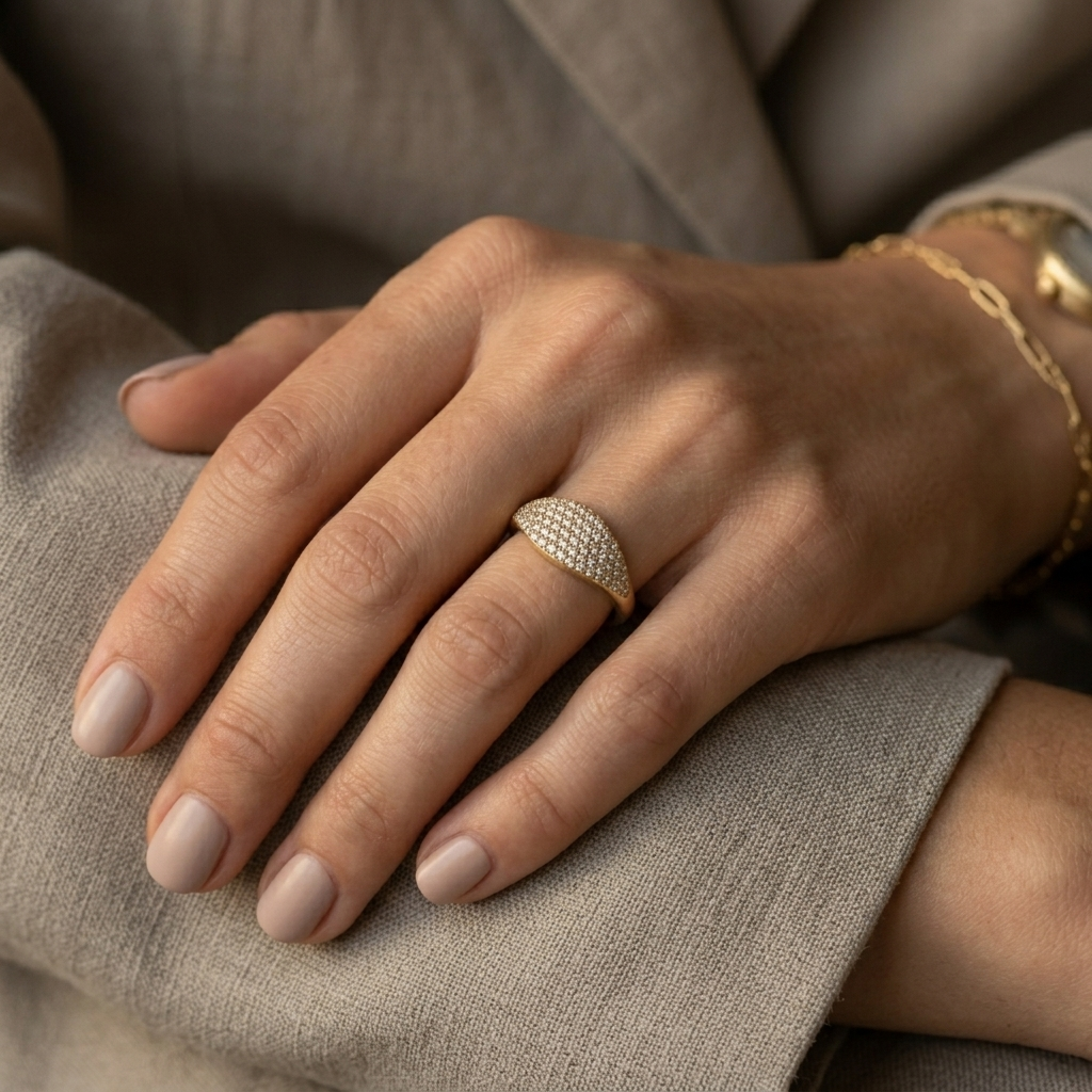 Gold Slim Pave Crystal Oval Signet Ring