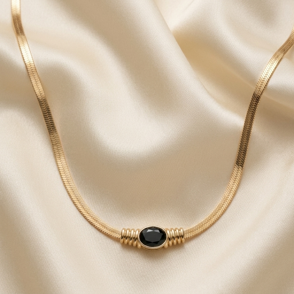 Gold Black Sapphire Crystal Herringbone Snake Necklace