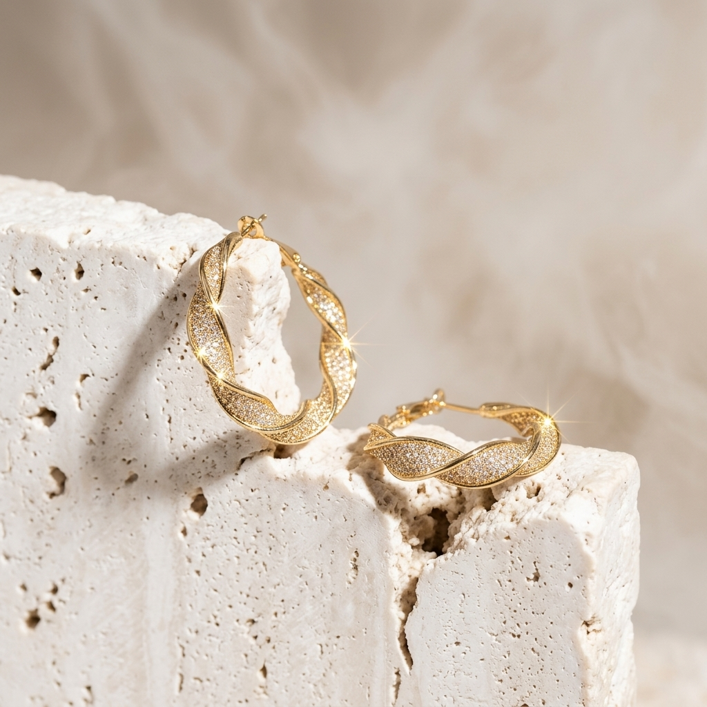 Gold Braided Pave Twisted Hoop Earrings