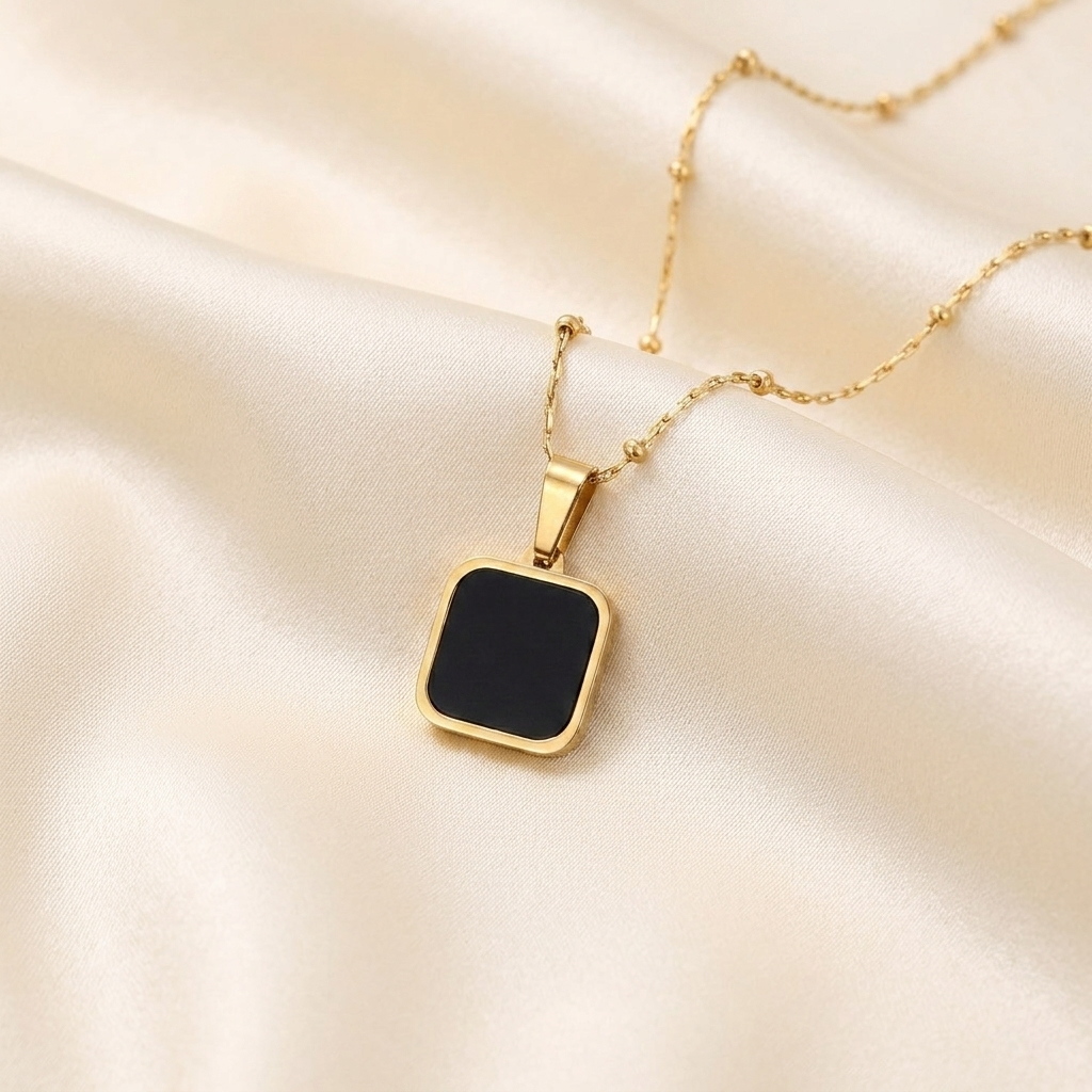 Gold Black Stone Square Onyx Pendant Necklace