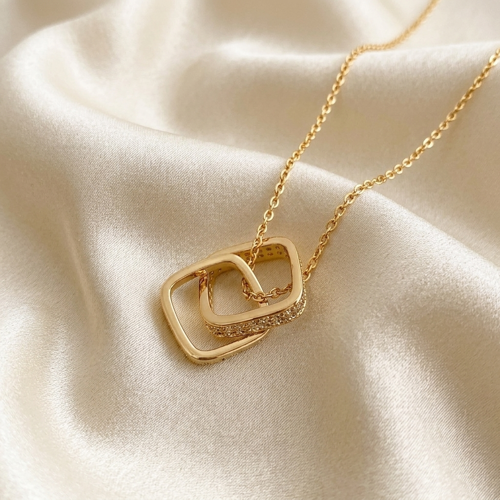 Gold Open Square Double Ring Link Pendant Necklace