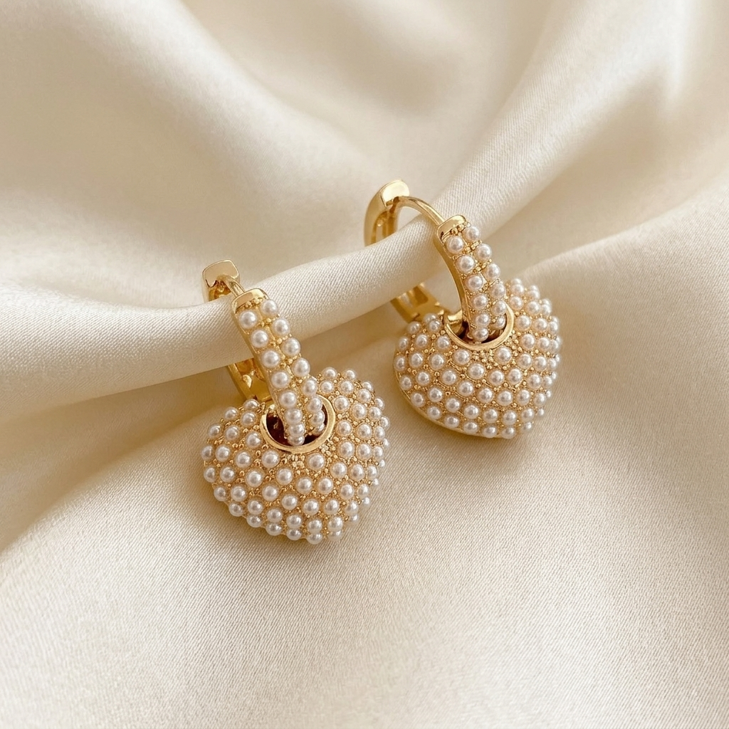 Pearl Heart Charm Pave Huggie Hoop Earrings