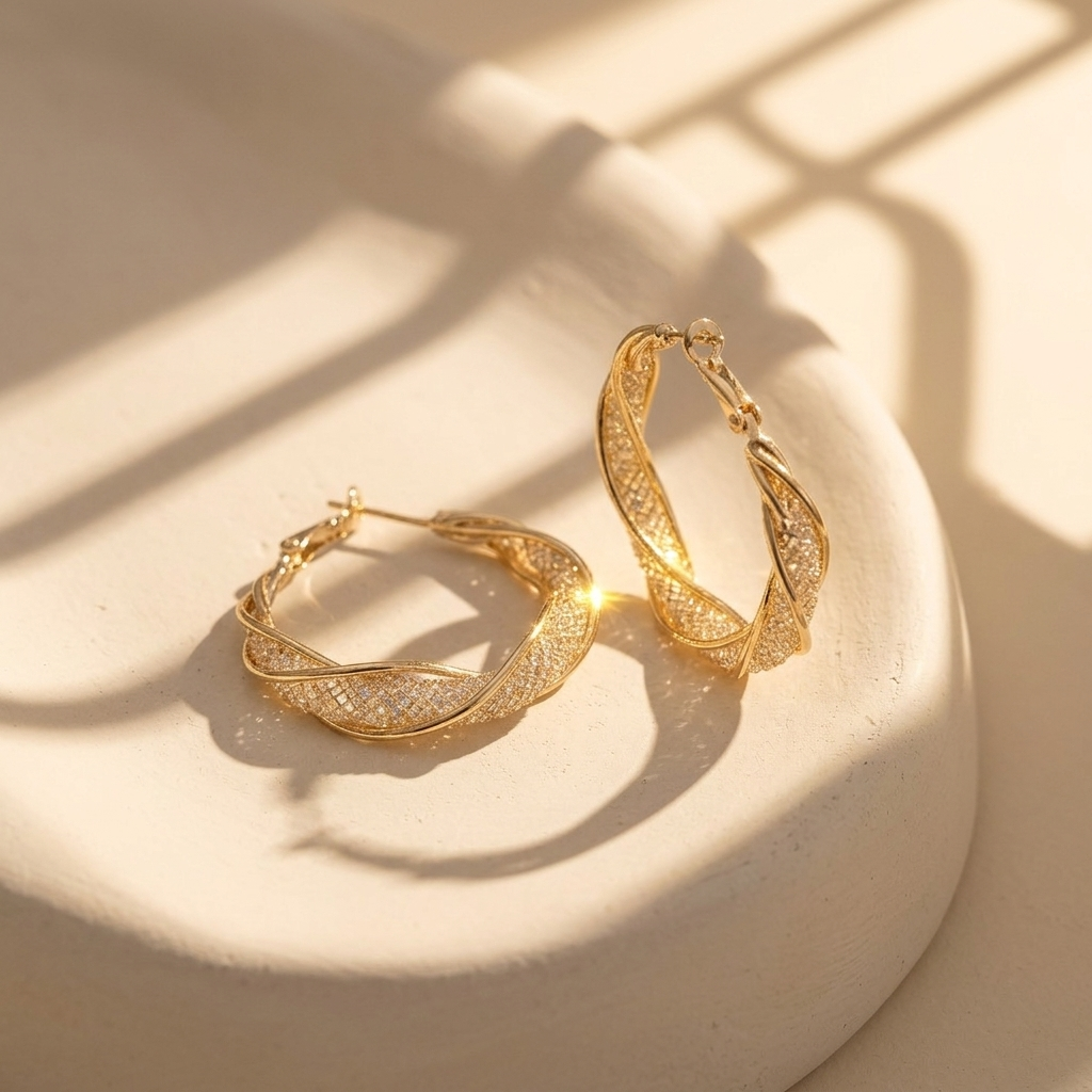 Gold Braided Pave Twisted Hoop Earrings