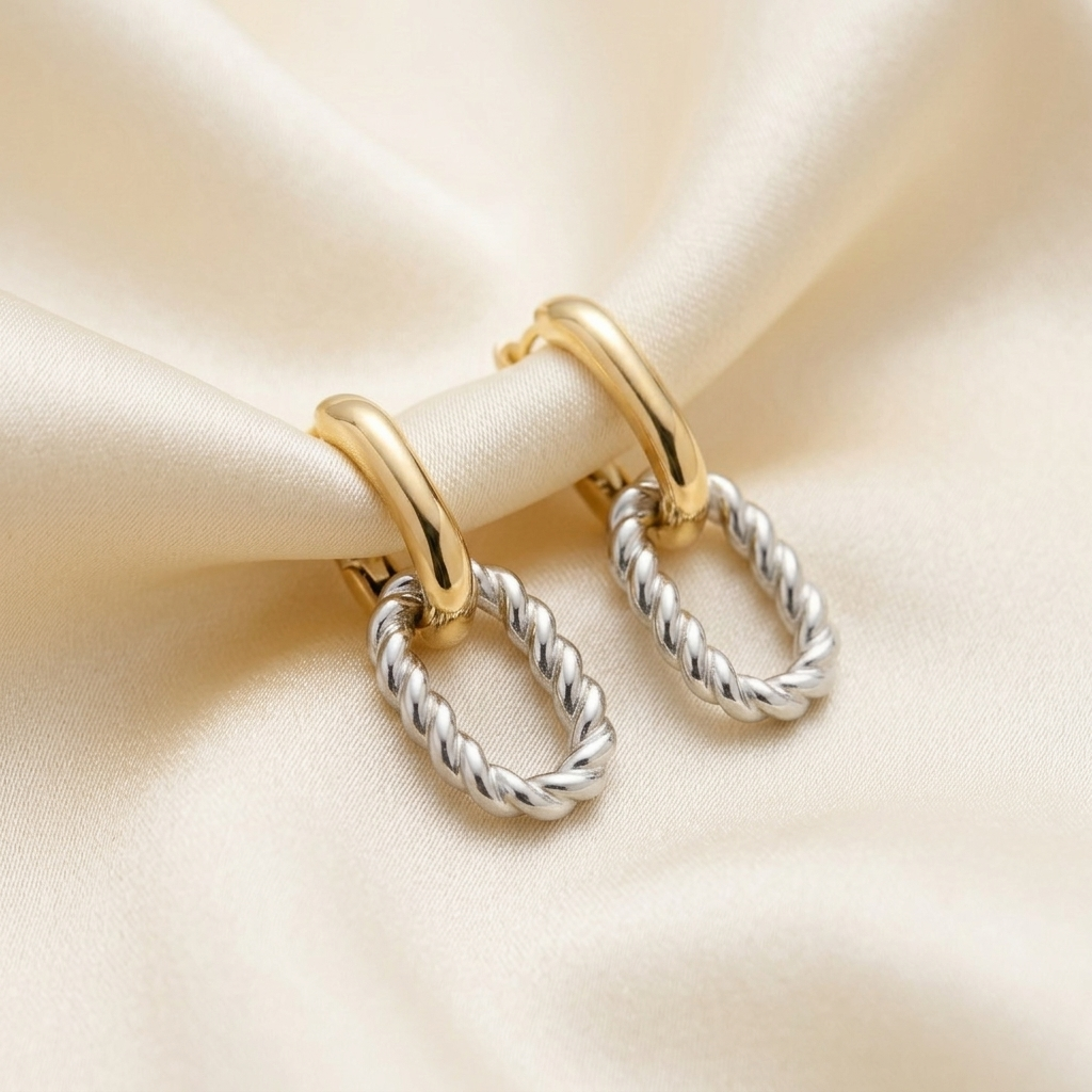 Two-Tone Twisted Rope Link Hoop Drop Earrings