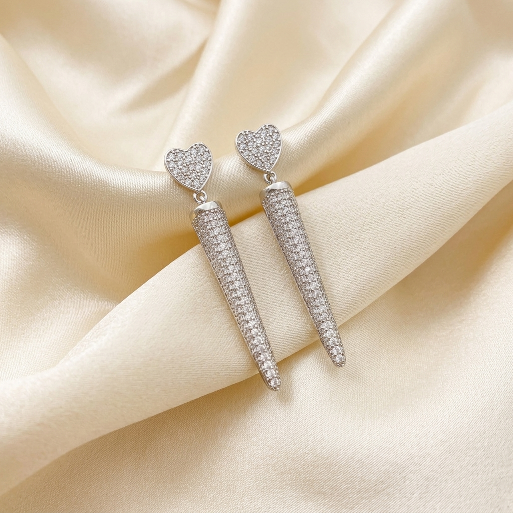Crystal Pave Heart Linear Tapered Dangle Earrings