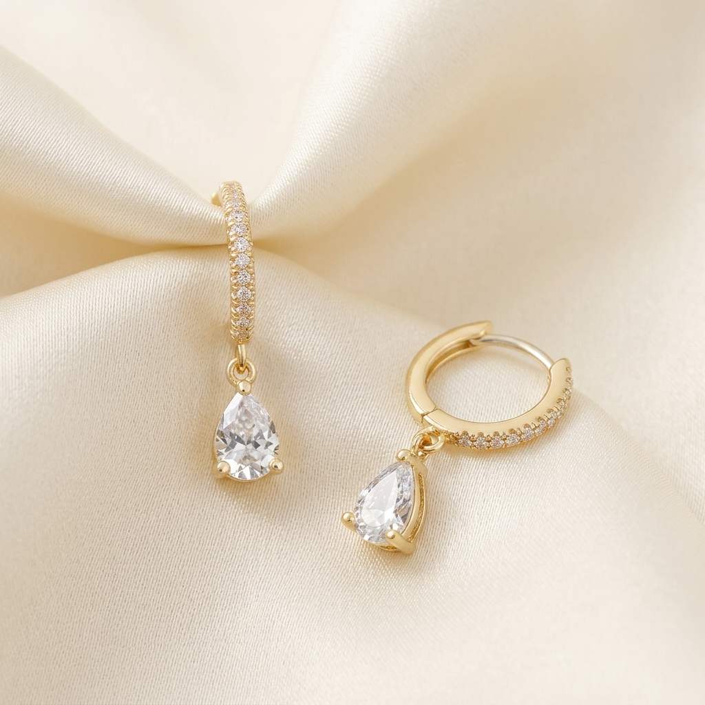 Gold Birthstone Pave Huggie Hoops with Pear Charm