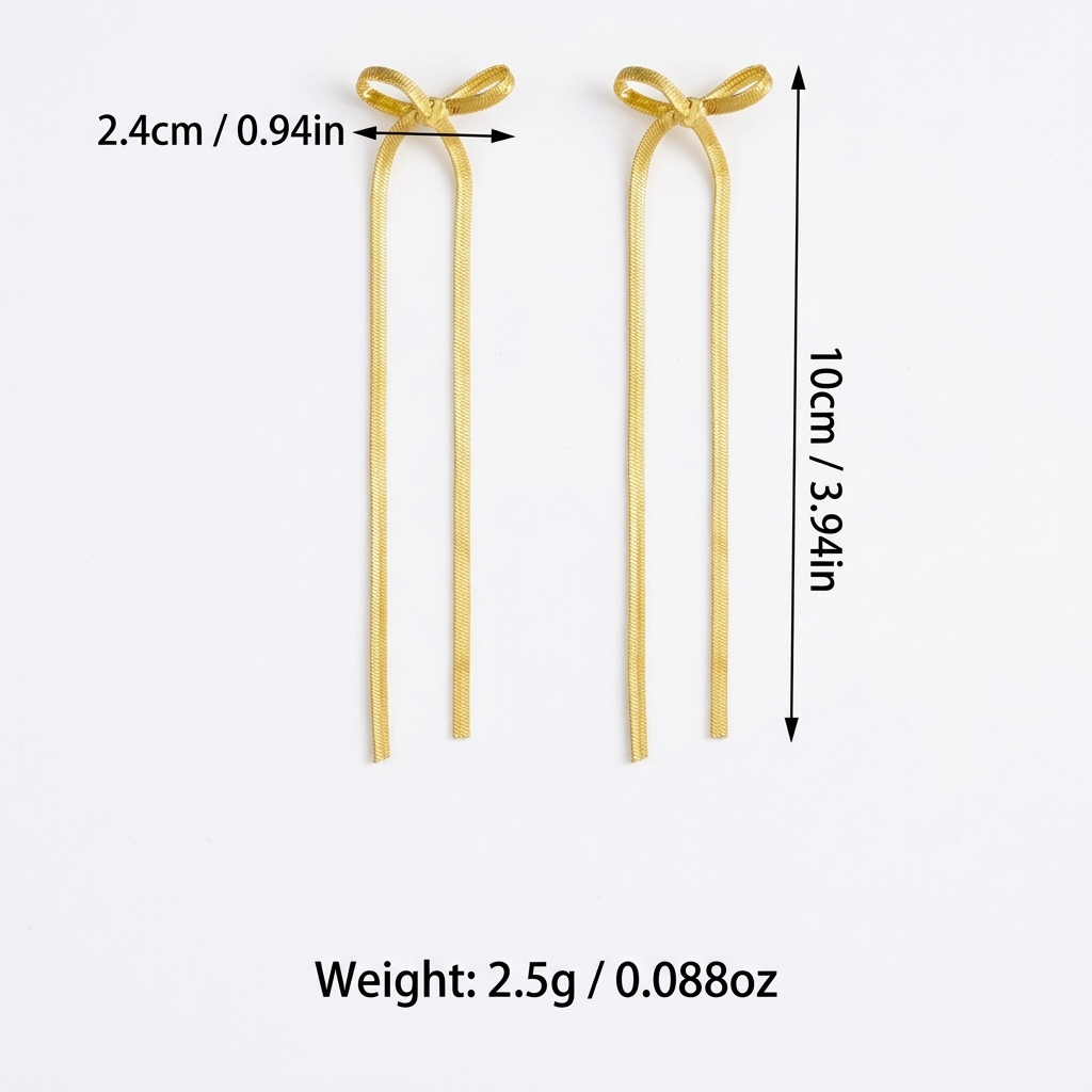 Gold Long Ribbon Bow Tassel Drop Earrings