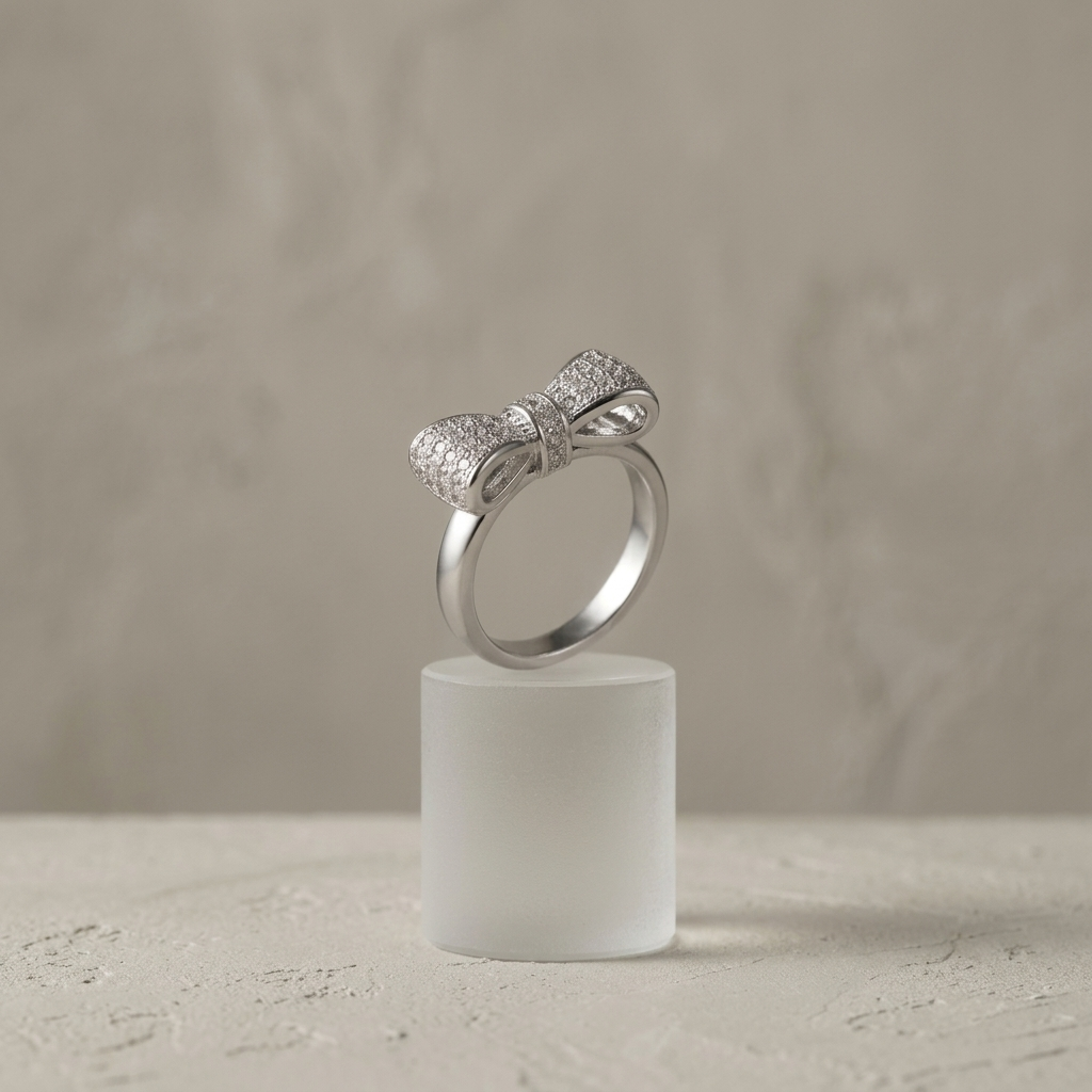 Silver Sparkling Crystal Pave Bow Ribbon Ring