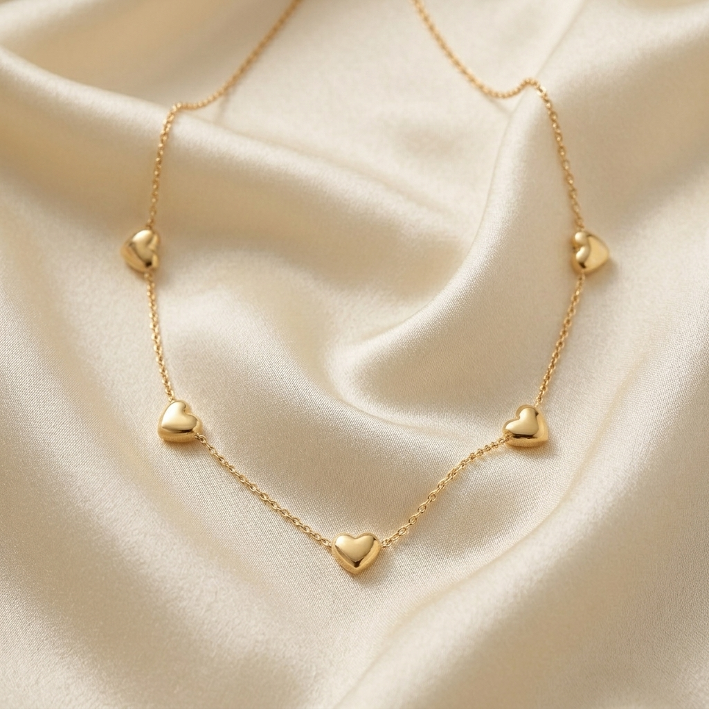 Gold Dainty Heart Station Beaded Layering Necklace