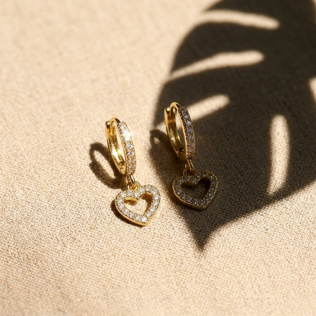 Gold Pave Crystal Heart Drop Huggie Earrings