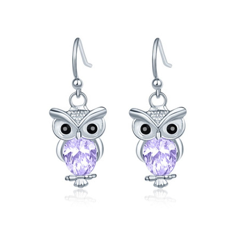 Silver Birthstone Owl Dangle Drop Earrings