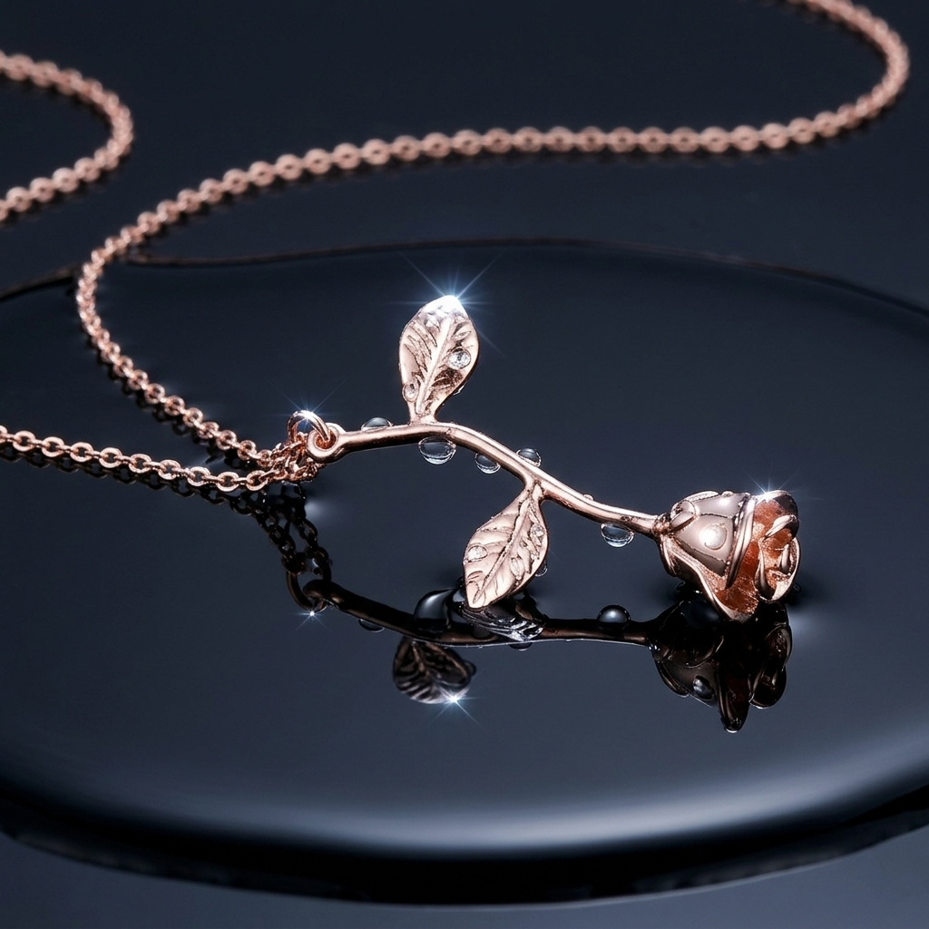 Gold Polished Hanging Rose Flower Necklace