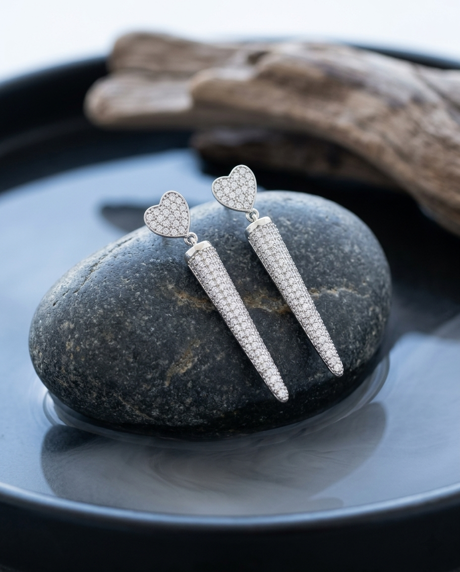 Crystal Pave Heart Linear Tapered Dangle Earrings