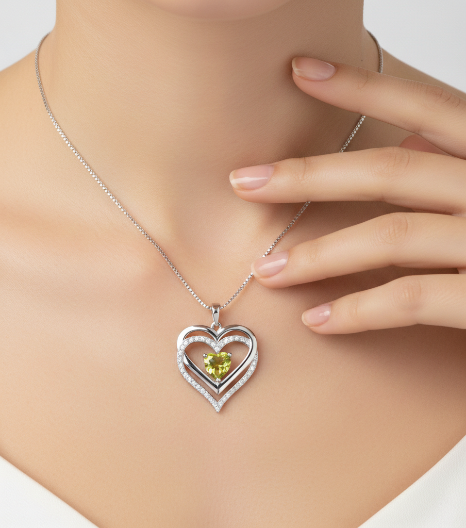 Silver Birthstone Crystal Heart Shaped Pendant Necklace