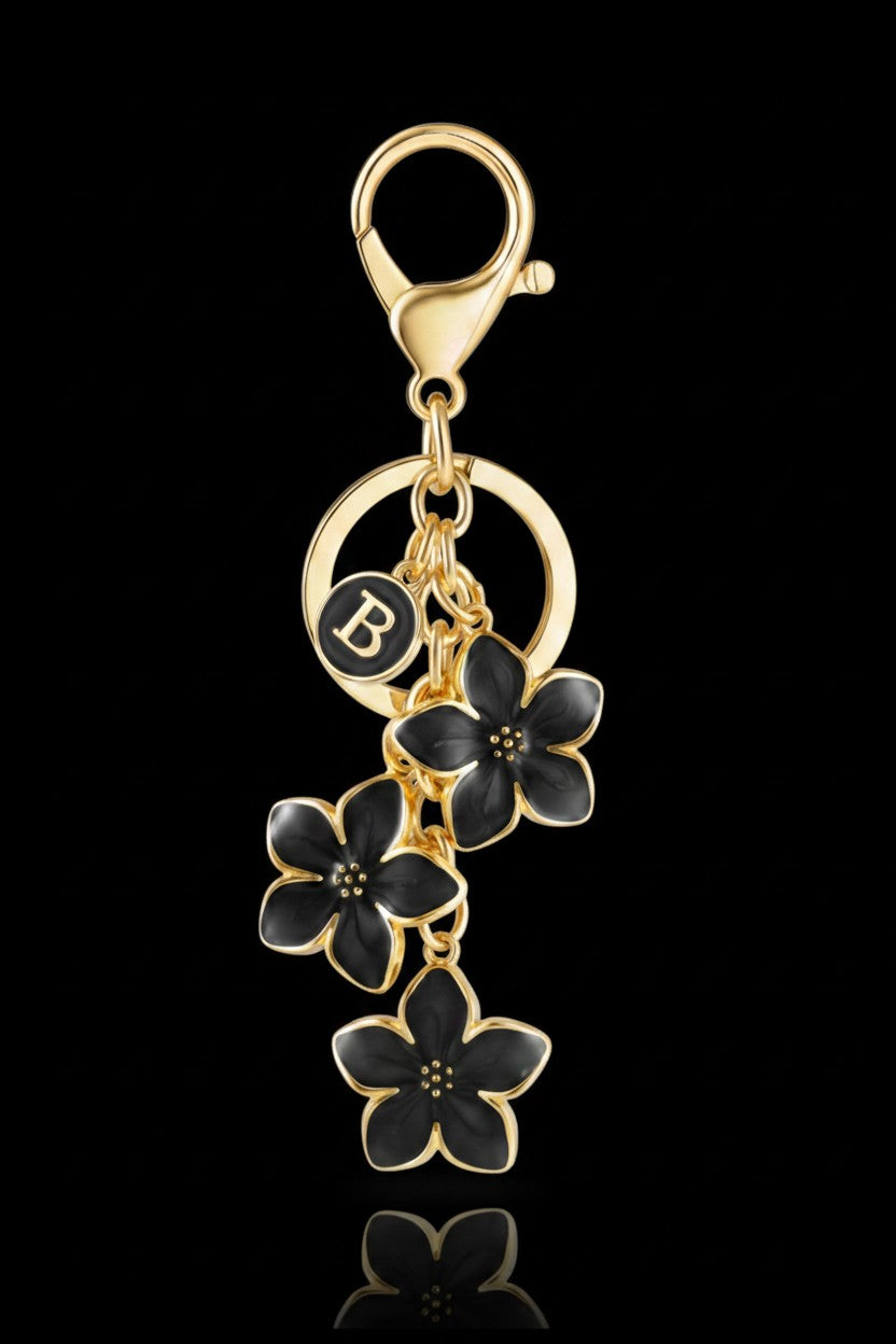 Black Enameled Flower Initial Letter Bag Charm