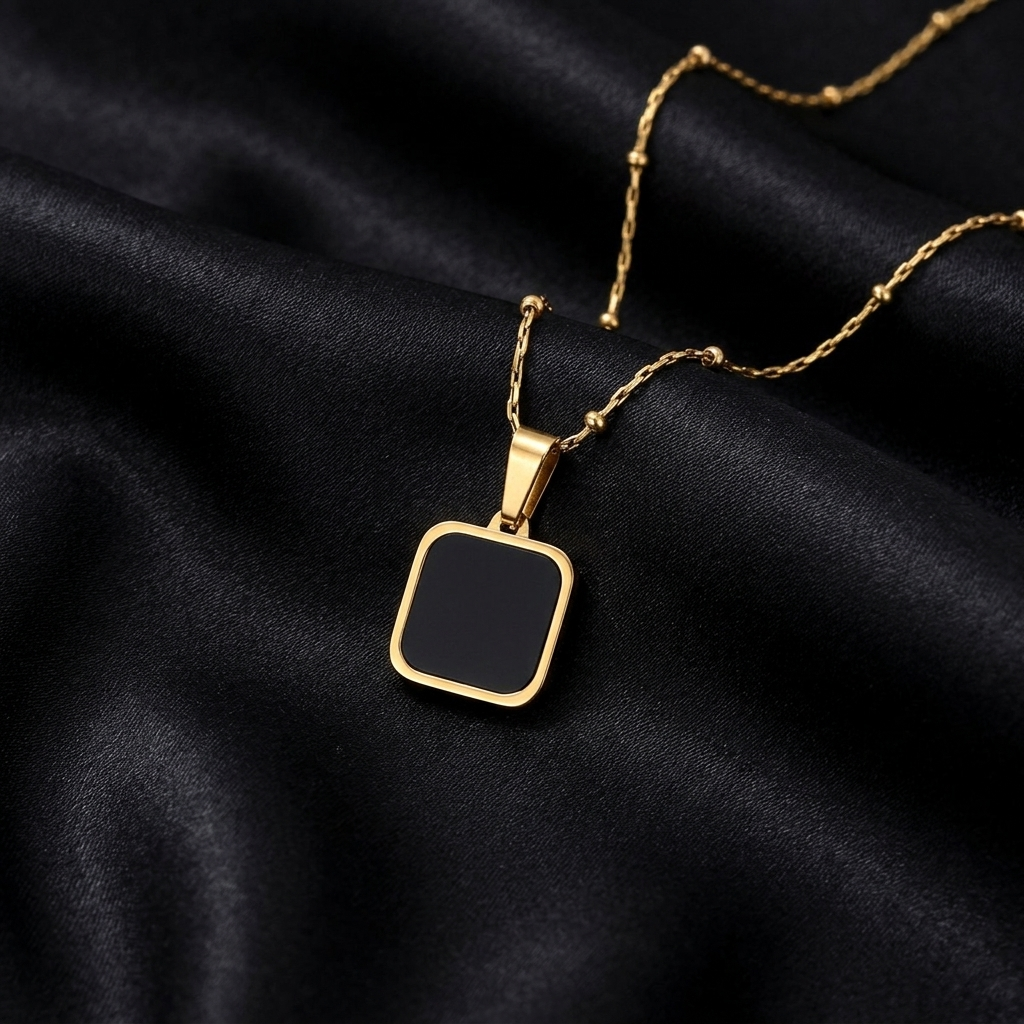 Gold Black Stone Square Onyx Pendant Necklace