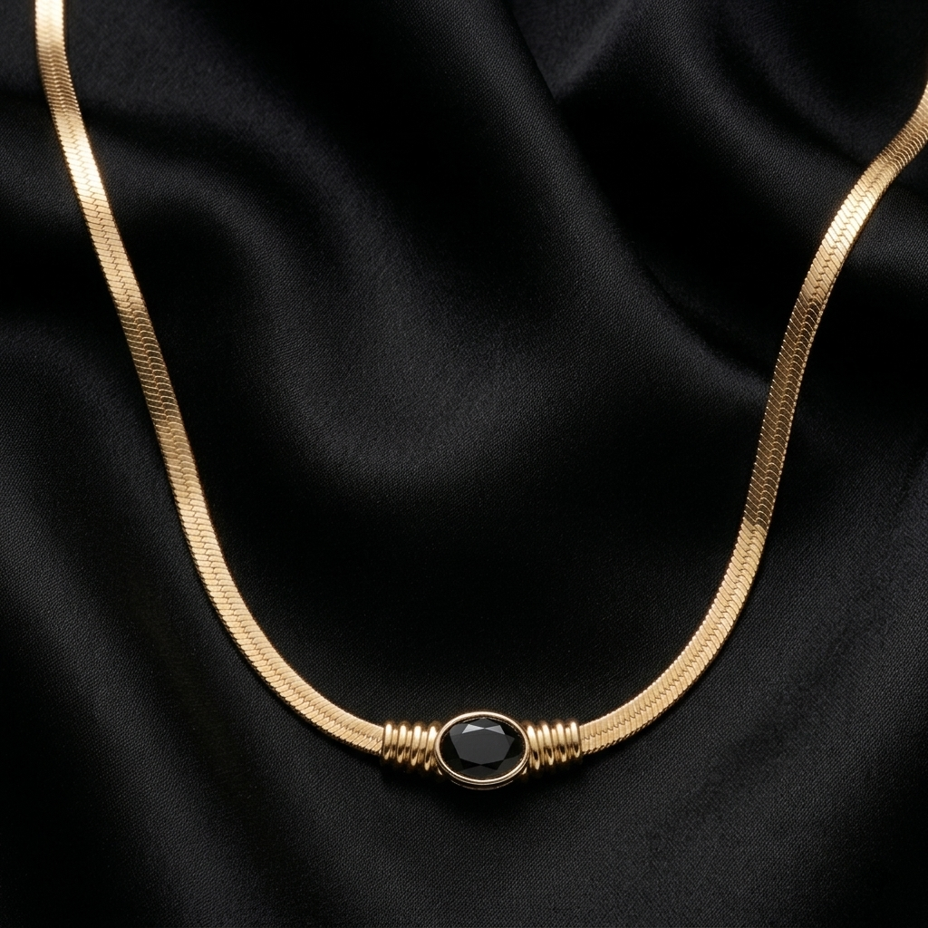 Gold Black Sapphire Crystal Herringbone Snake Necklace
